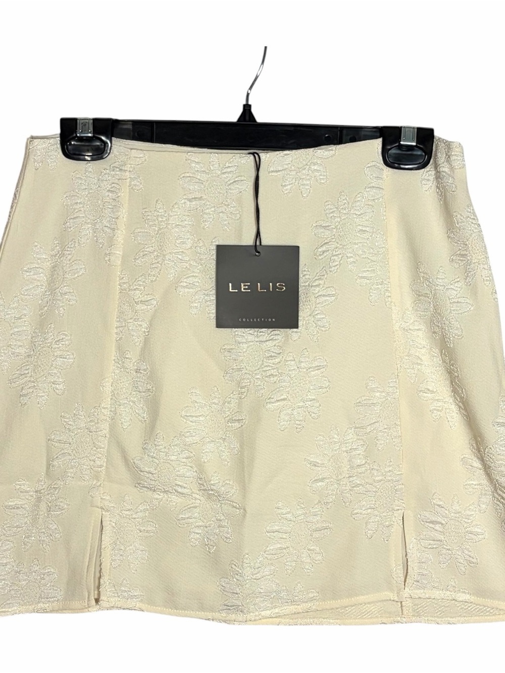 Le Lis Collection Mini Skirt Ivory Jacquard Floral Front Slits Lined Zip Size M